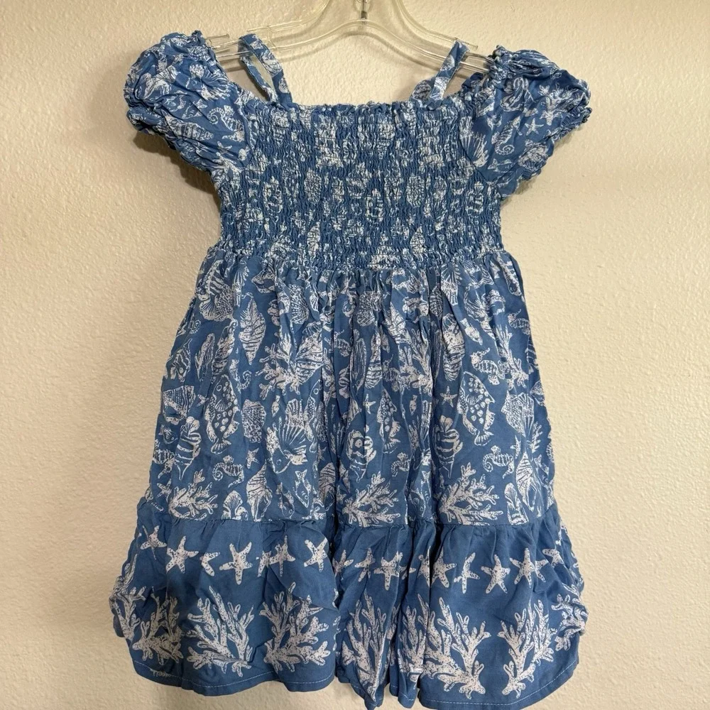 Tommy Bahama Off The Shoulder Dress Girls 7 Blue Seashell‎ Fish Smock Bust White